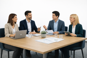 Photo d’un collectif de recruteurs indépendants collaborant autour d’une table pour identifier et recruter les meilleurs talents pour les entreprises.